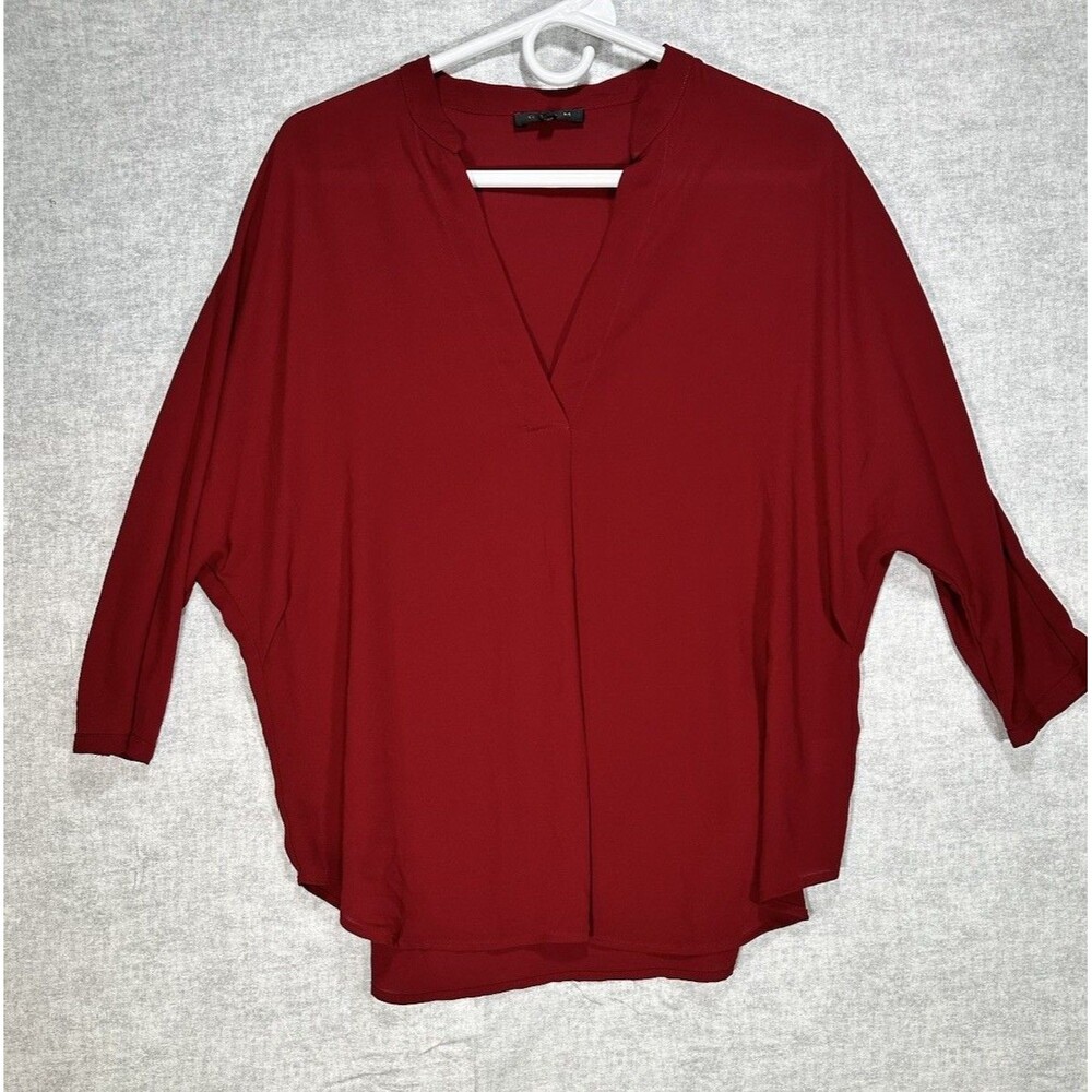 Glam Maroon Dolman Sleeve Semi Sheer Blouse Women’s Size Small V Neck Hi Lo Hem